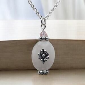 Pink Glass Floral Pendant Necklace Silver  – Soft Delicate Romantic